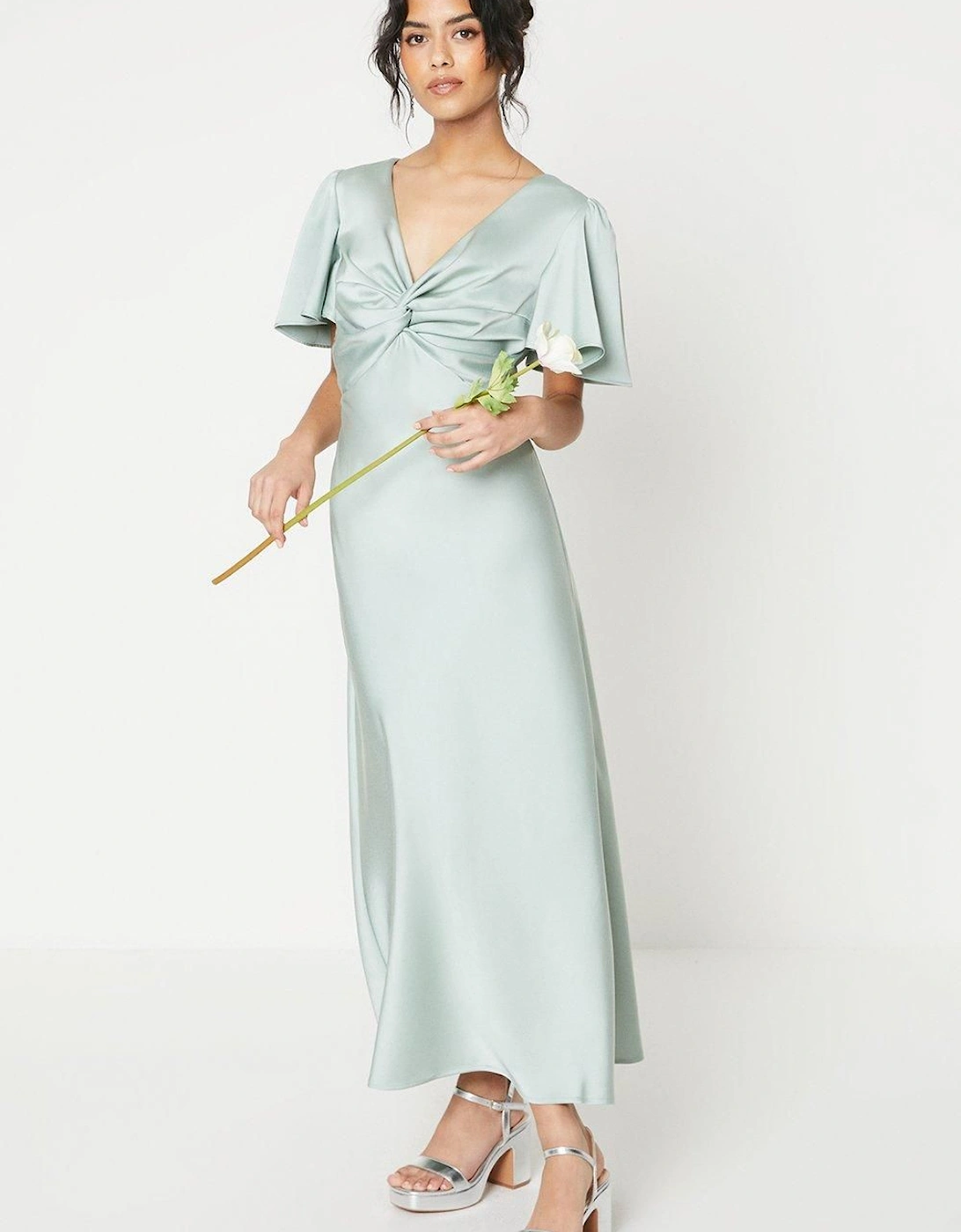 Petite Satin Twist Angel Sleeve Midi Bridesmaid Dress, 2 of 1