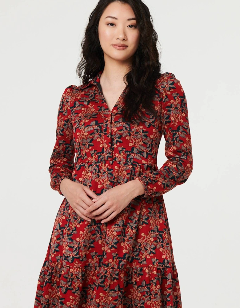 Leaf Print Long Sleeve Jersey Dress