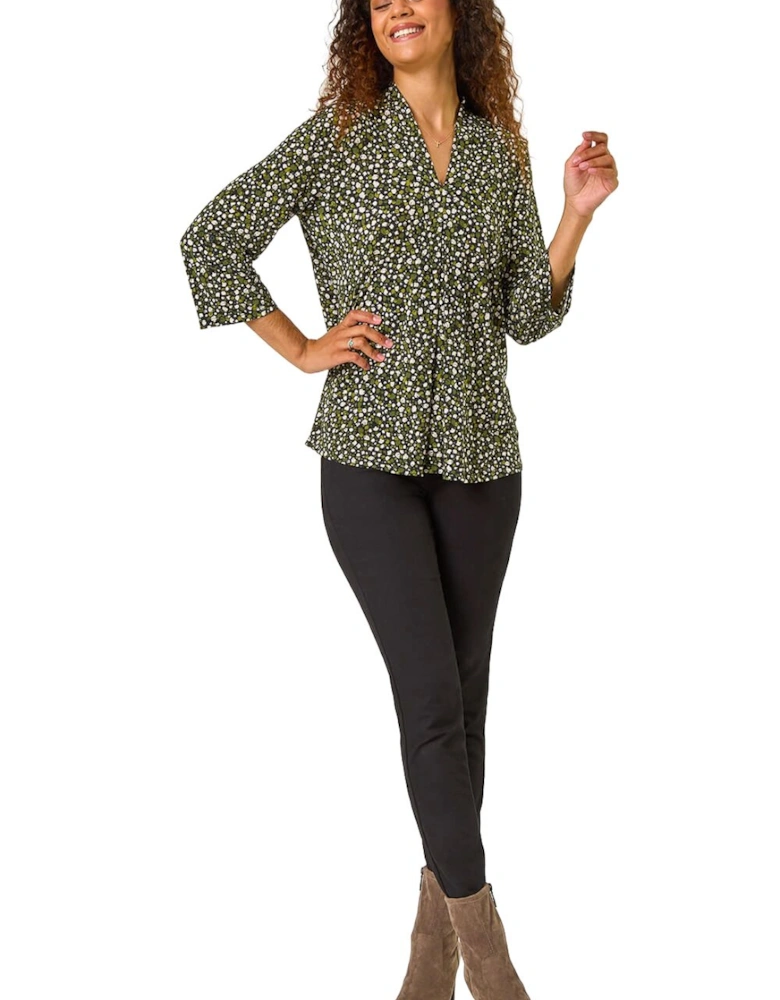 Spot Print V-Neck Pleat Front Top