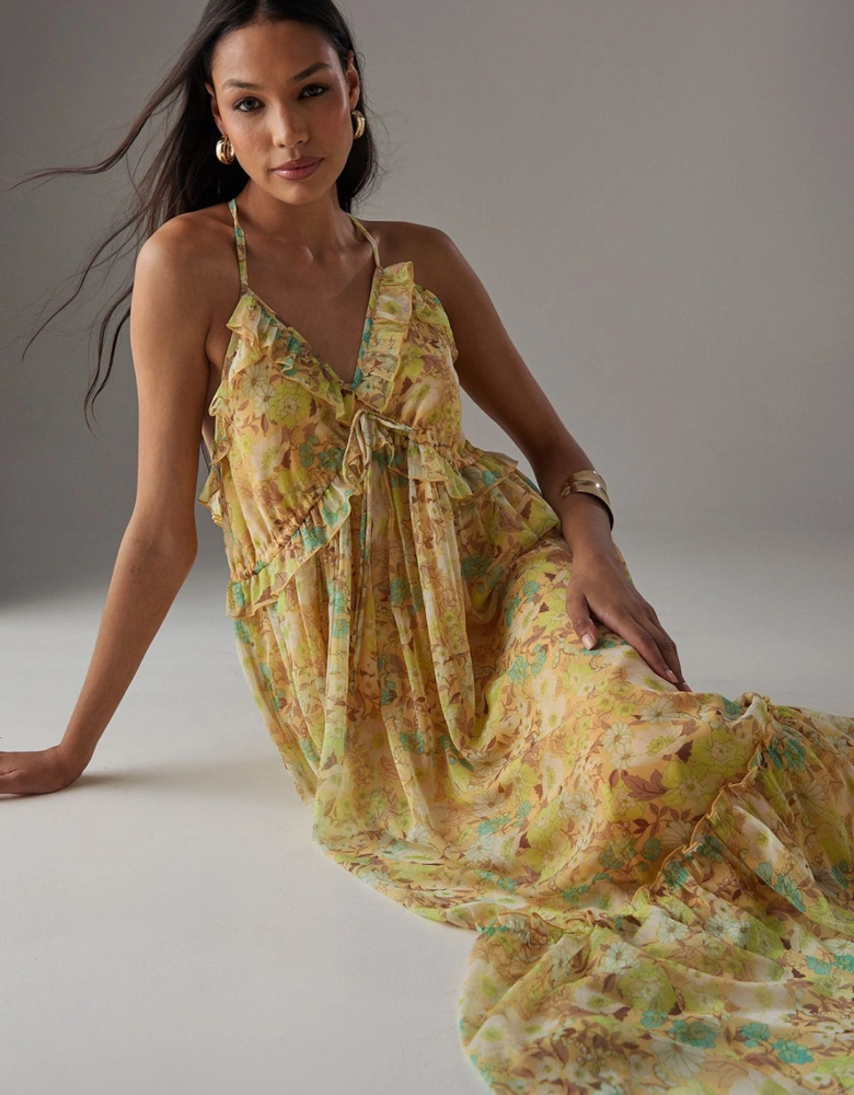 Chiffon Ruffle Strappy Floaty Maxi Dress