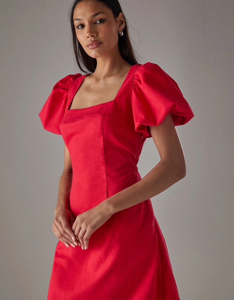 HCD Linen Square Neck Puff Sleeve Mini Dress
