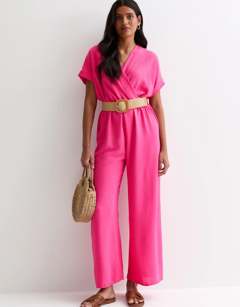 Pink Short Sleeves Elasticated Waist Belted Jumpsuit