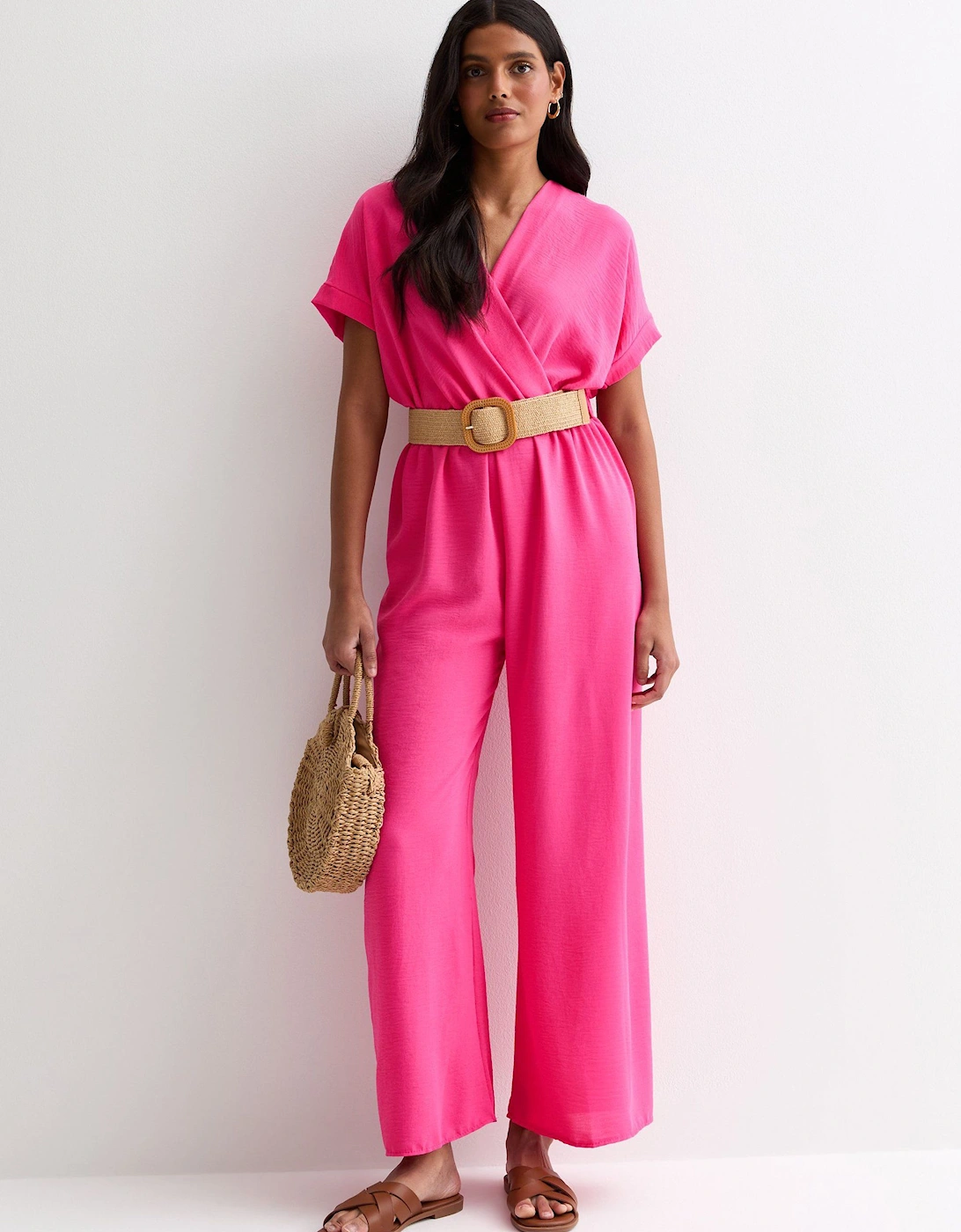 Pink Short Sleeves Elasticated Waist Belted Jumpsuit, 2 of 1