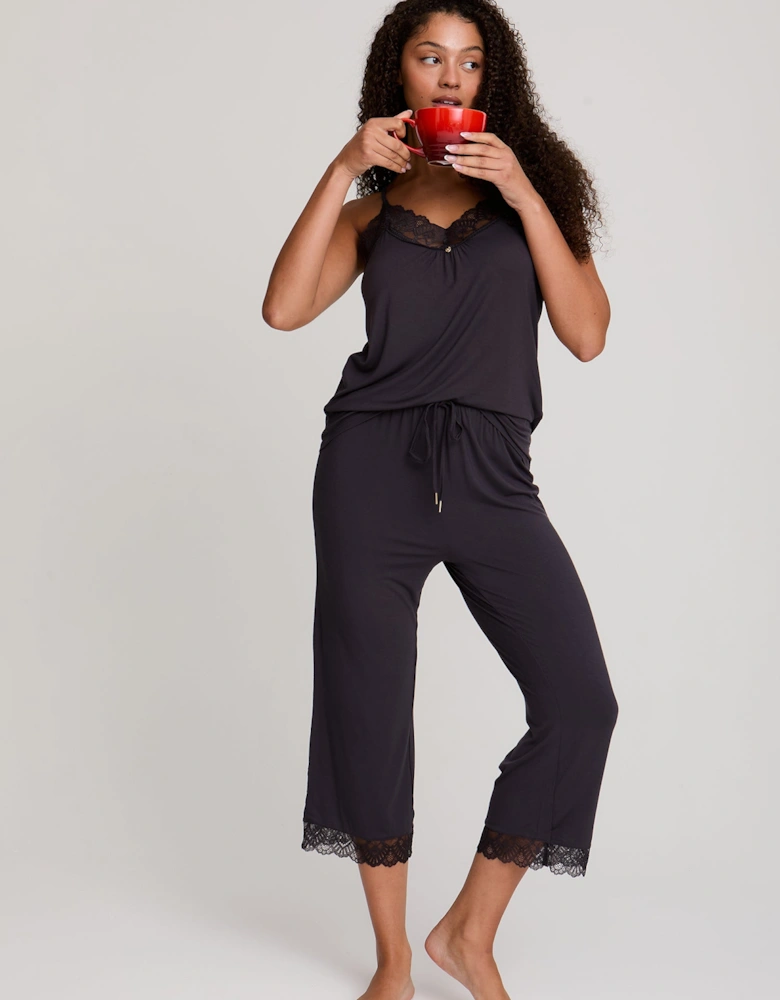Bamboo Lace Cami Cropped Trouser Pyjama Set in Raven