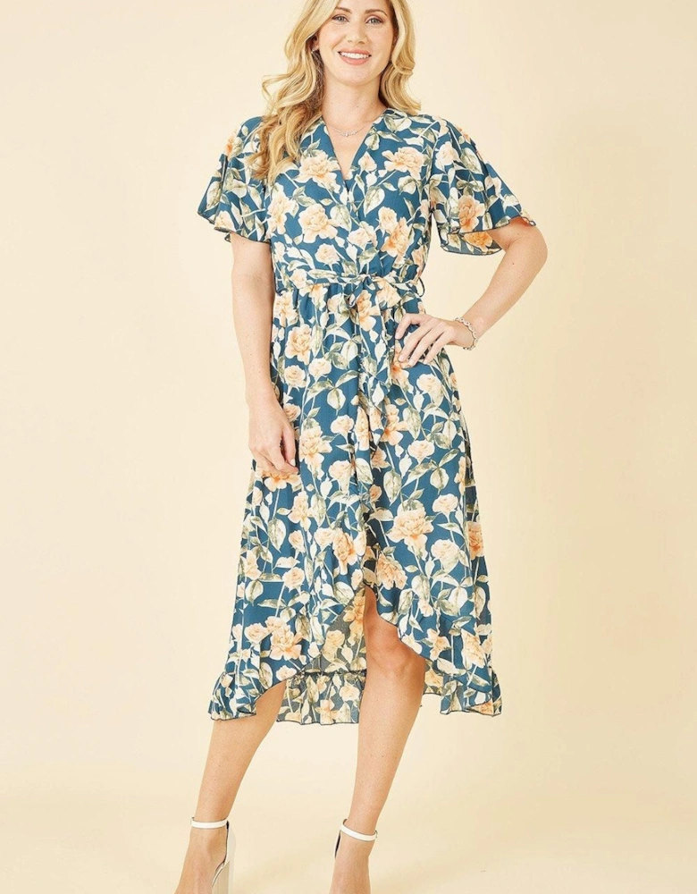 Teal Floral Print Wrap Midi Dress
