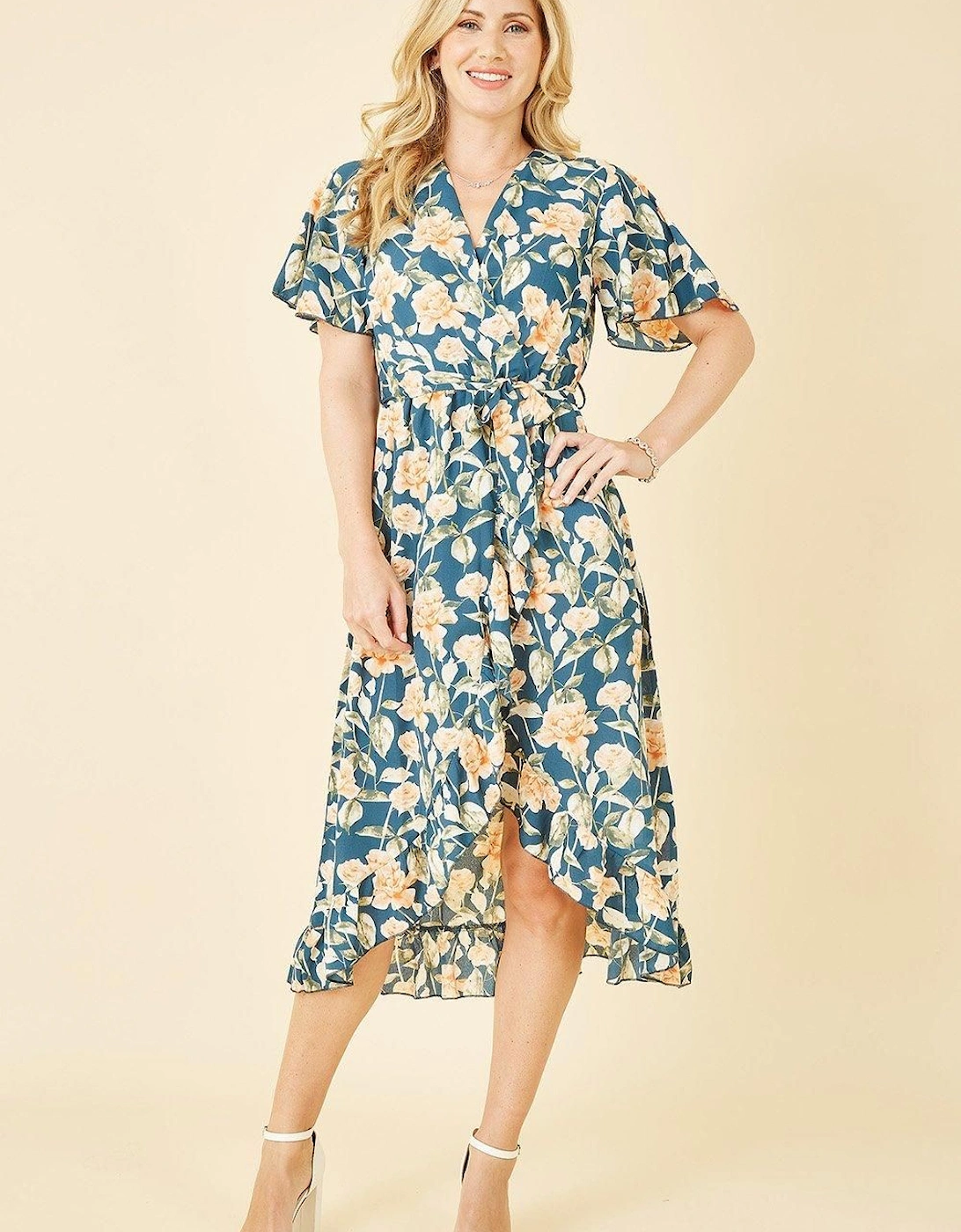Teal Floral Print Wrap Midi Dress, 2 of 1