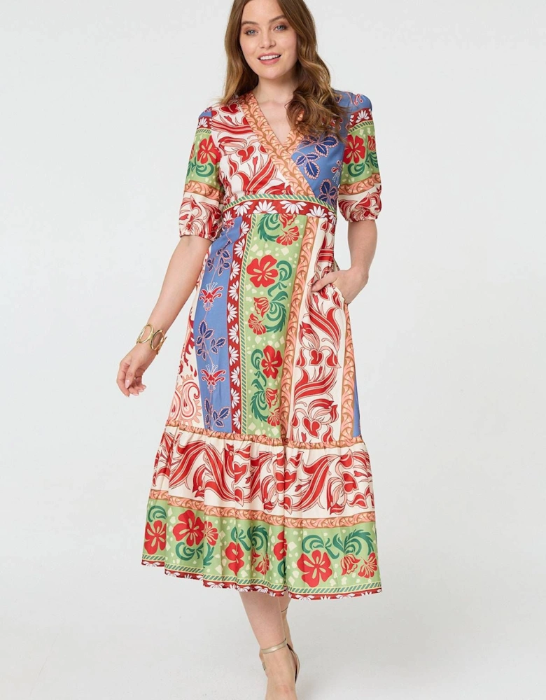 Printed 1/2 Sleeve V-Neck Midi Dress