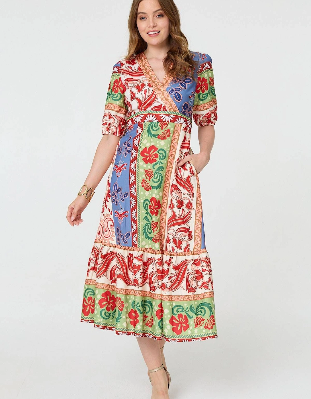 Printed 1/2 Sleeve V-Neck Midi Dress, 2 of 1