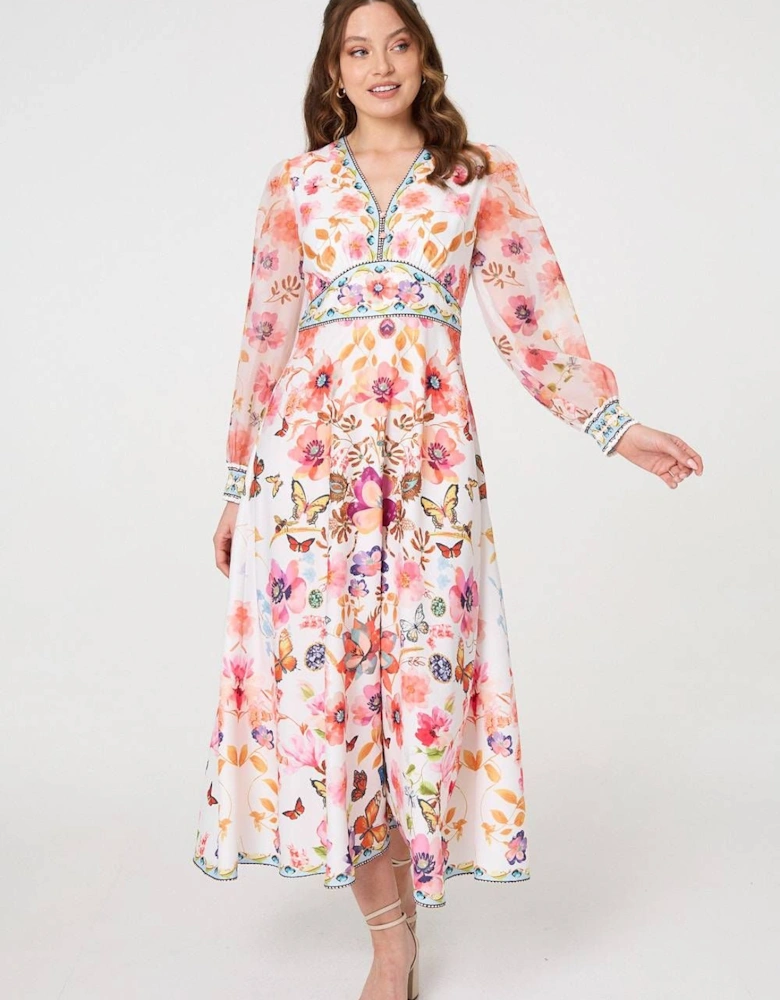 Floral Border Print Empire Midi Dress