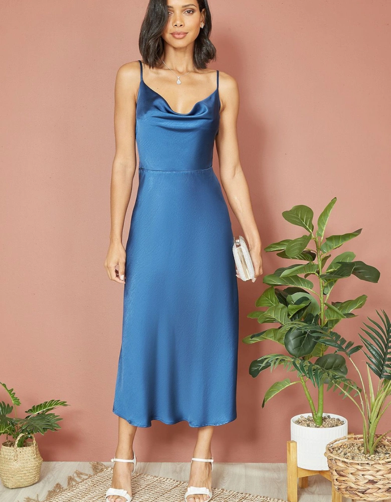 Navy Satin Cowl Neck Midi Dress