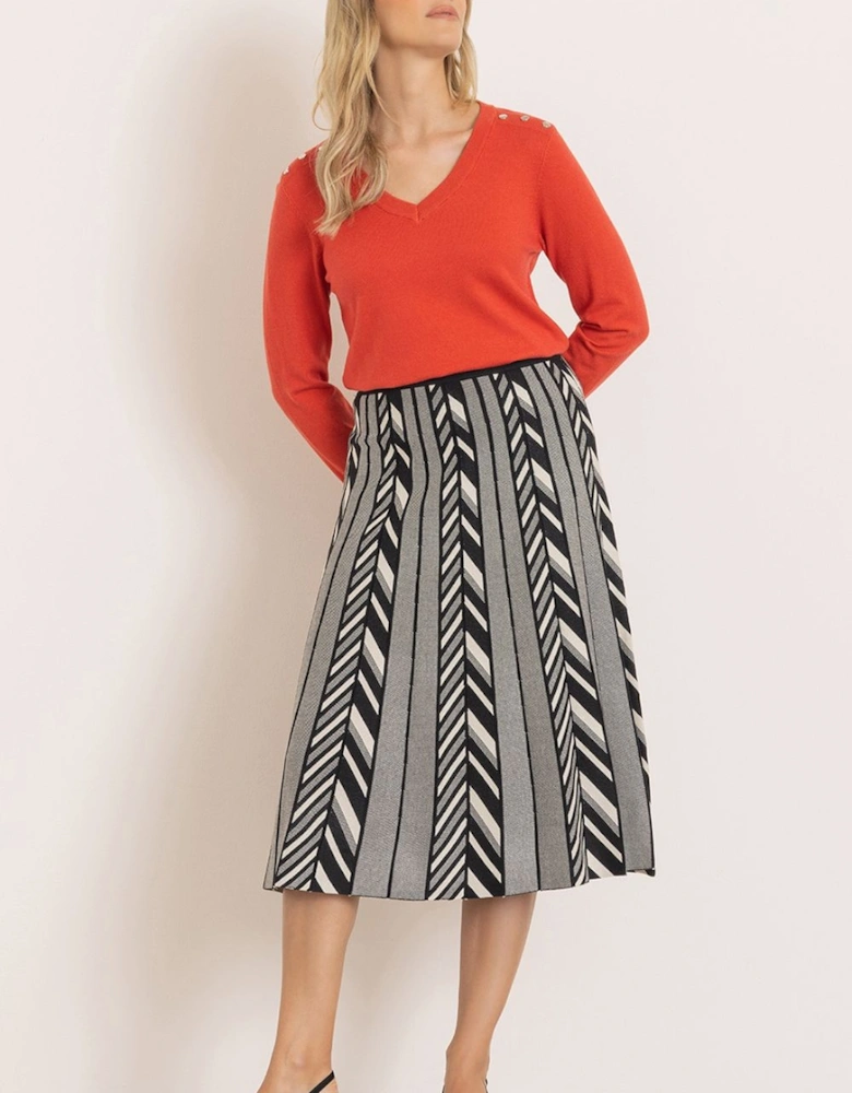 Pleated Chevron Knit Midi Skirt