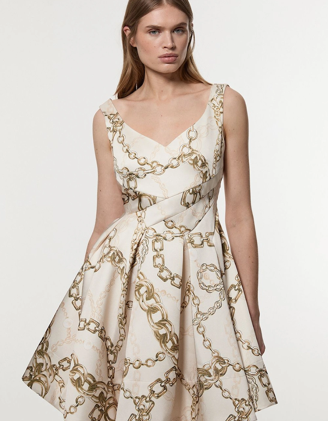 Structured Viscose Satin Chain Print Tailored Prom Mini Dress, 2 of 1