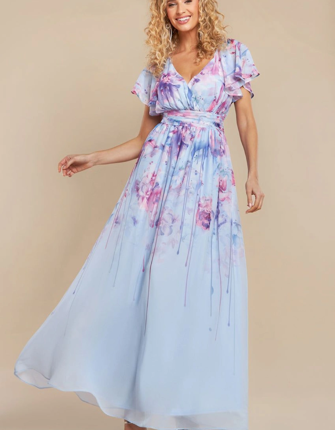 Printed Silky Chiffon Flutter Sleeve Maxi Dress, 2 of 1