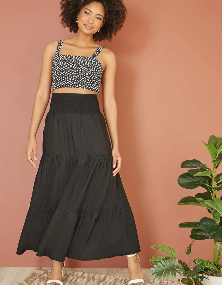 Black Ruched Waist Tiered Midi Skirt
