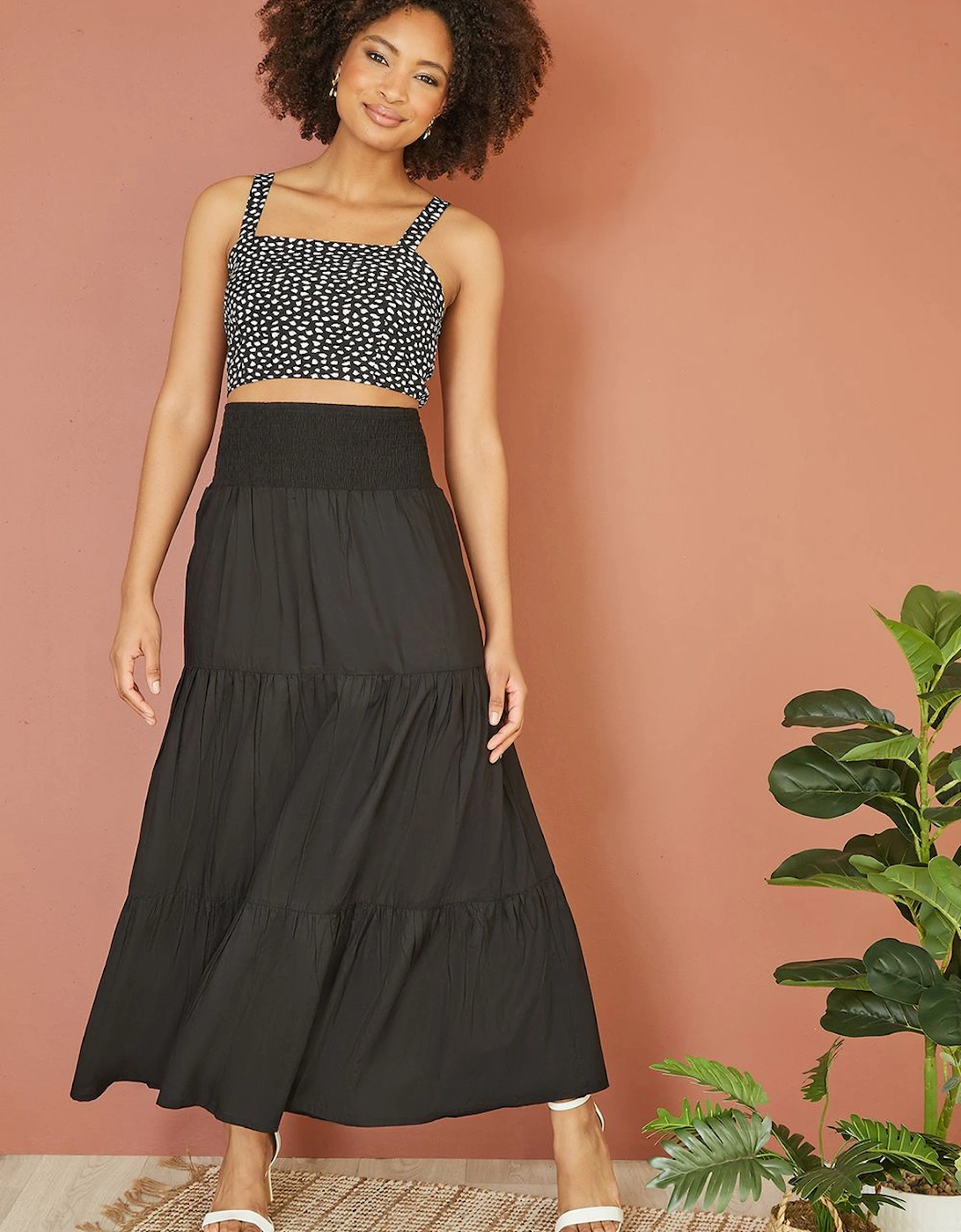 Black Ruched Waist Tiered Midi Skirt, 2 of 1