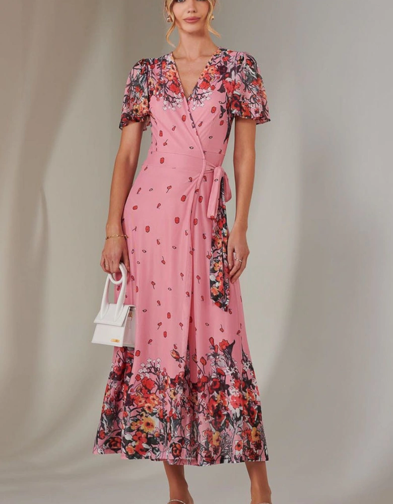 Mirror Print Mesh Wrap Maxi Dress