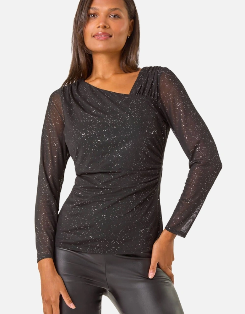 Asymmetric Neck Sparkle Mesh Stretch Top