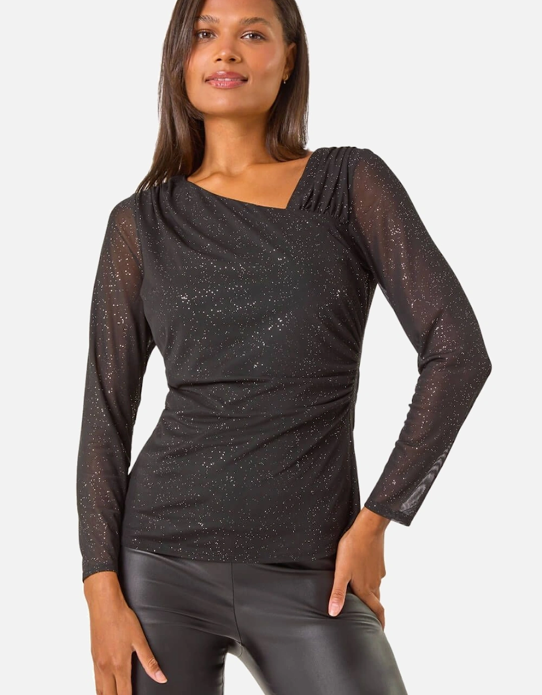 Asymmetric Neck Sparkle Mesh Stretch Top, 2 of 1
