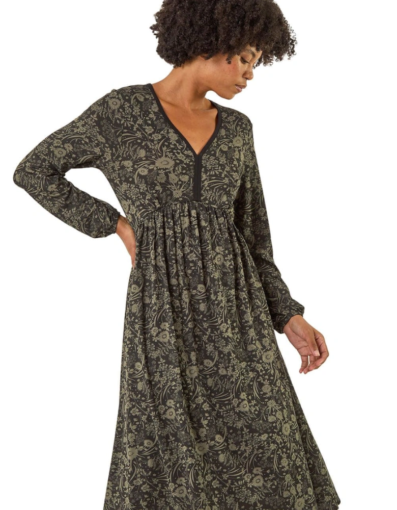 Floral Print V-Neck Stretch Midi Dress