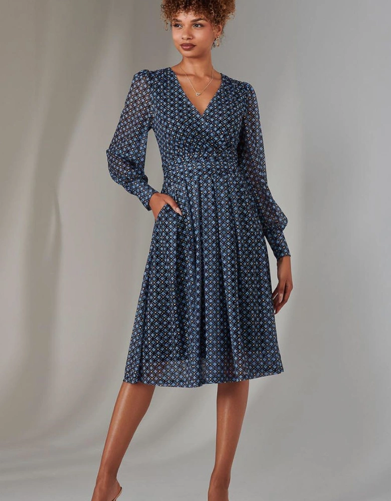Long Sleeve Lace Print Midi Dress