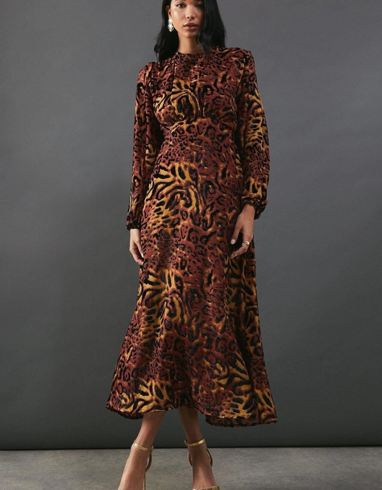 Burnout Velvet Balloon Sleeve Empire Seam Midi Dress