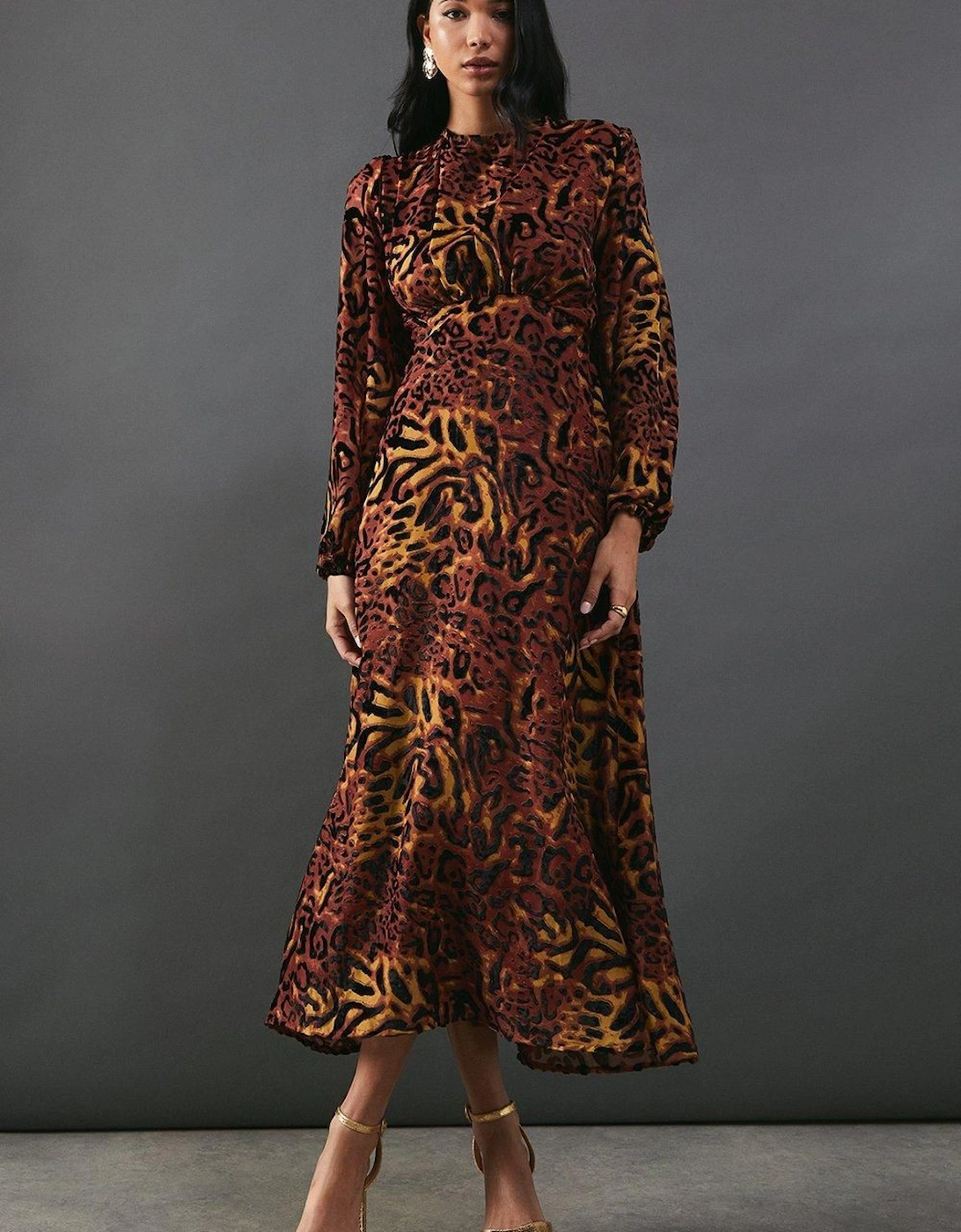 Burnout Velvet Balloon Sleeve Empire Seam Midi Dress, 2 of 1