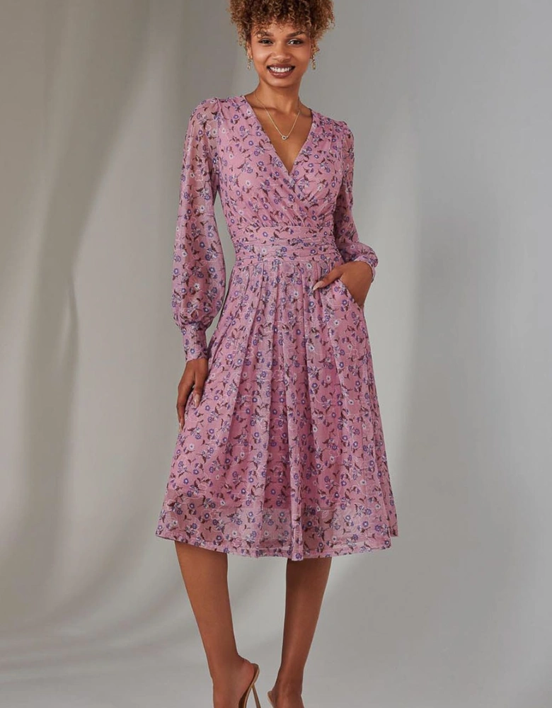 Long Sleeve Lace Print Midi Dress