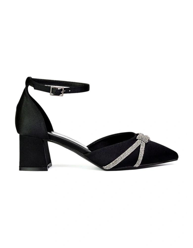 'Sarah' Ankle Strap Pointed Toe Diamante Mid Block Heels