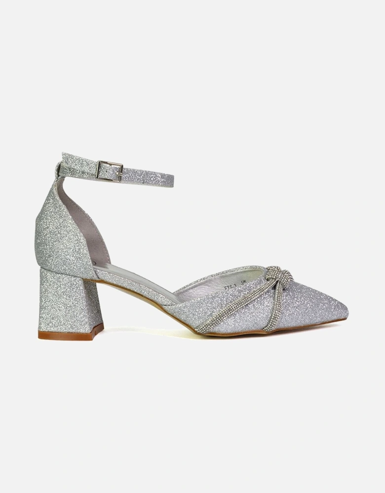 'Sarah' Ankle Strap Pointed Toe Diamante Mid Block Heels
