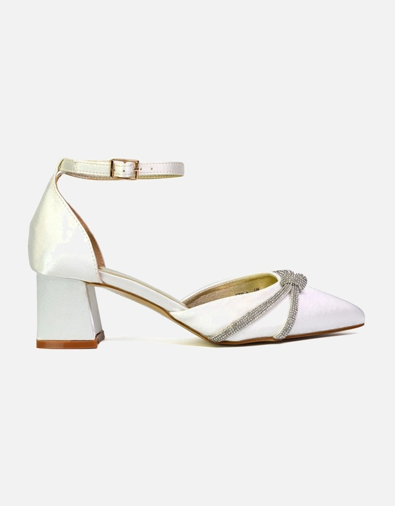'Sarah' Ankle Strap Pointed Toe Diamante Mid Block Heels