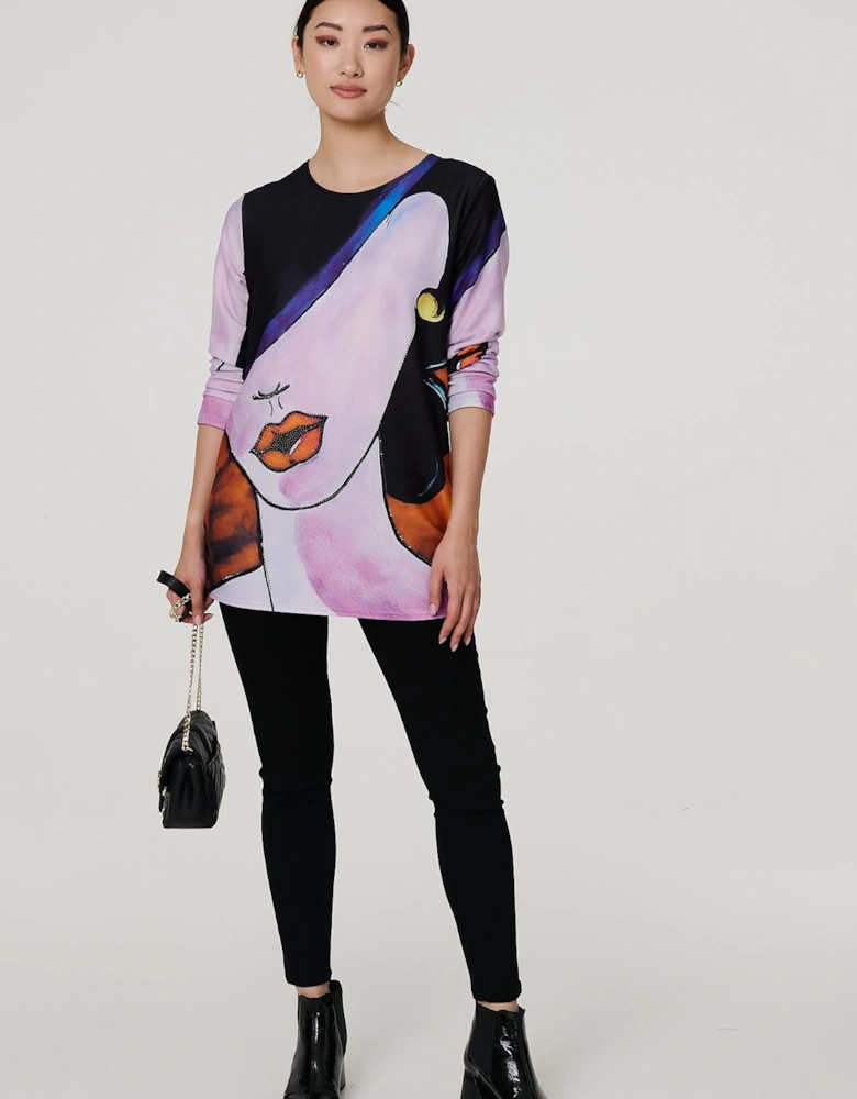 Abstract Diamante Detail Long Sleeve Top