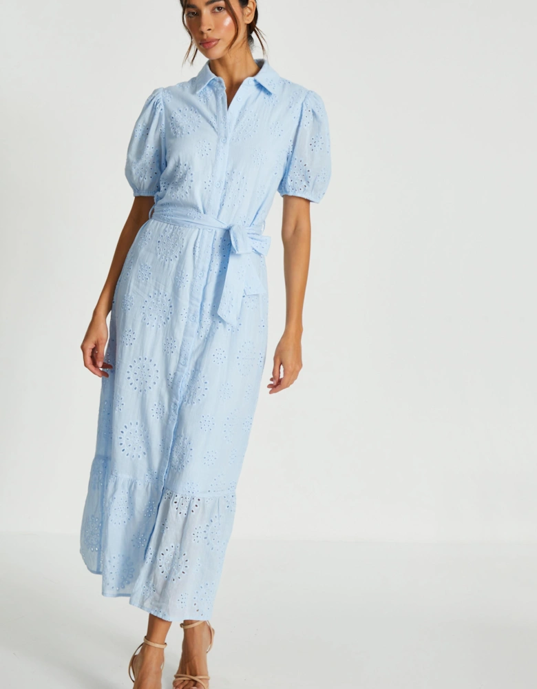 Blue Embroidered Midaxi Shirt Dress
