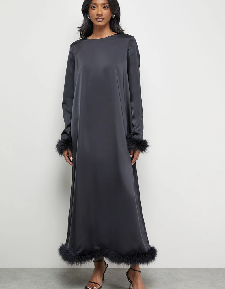 Premium Satin Feather High Neck Swing Midi Dress