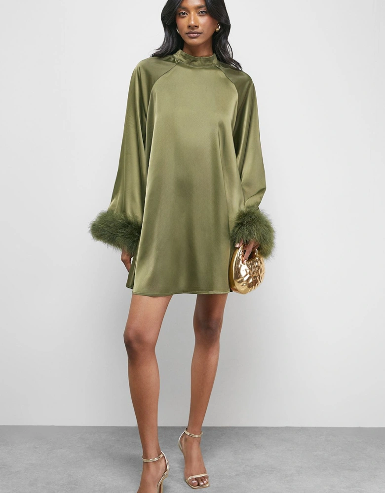 Premium Satin Feather High Neck Swing Mini Dress