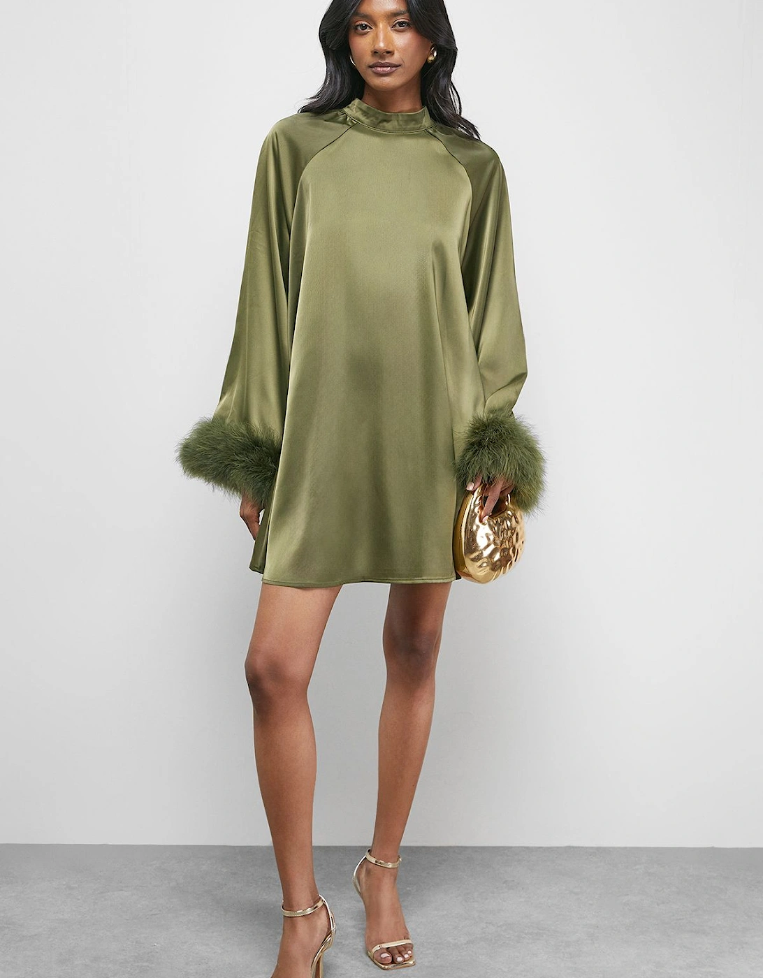 Premium Satin Feather High Neck Swing Mini Dress, 2 of 1