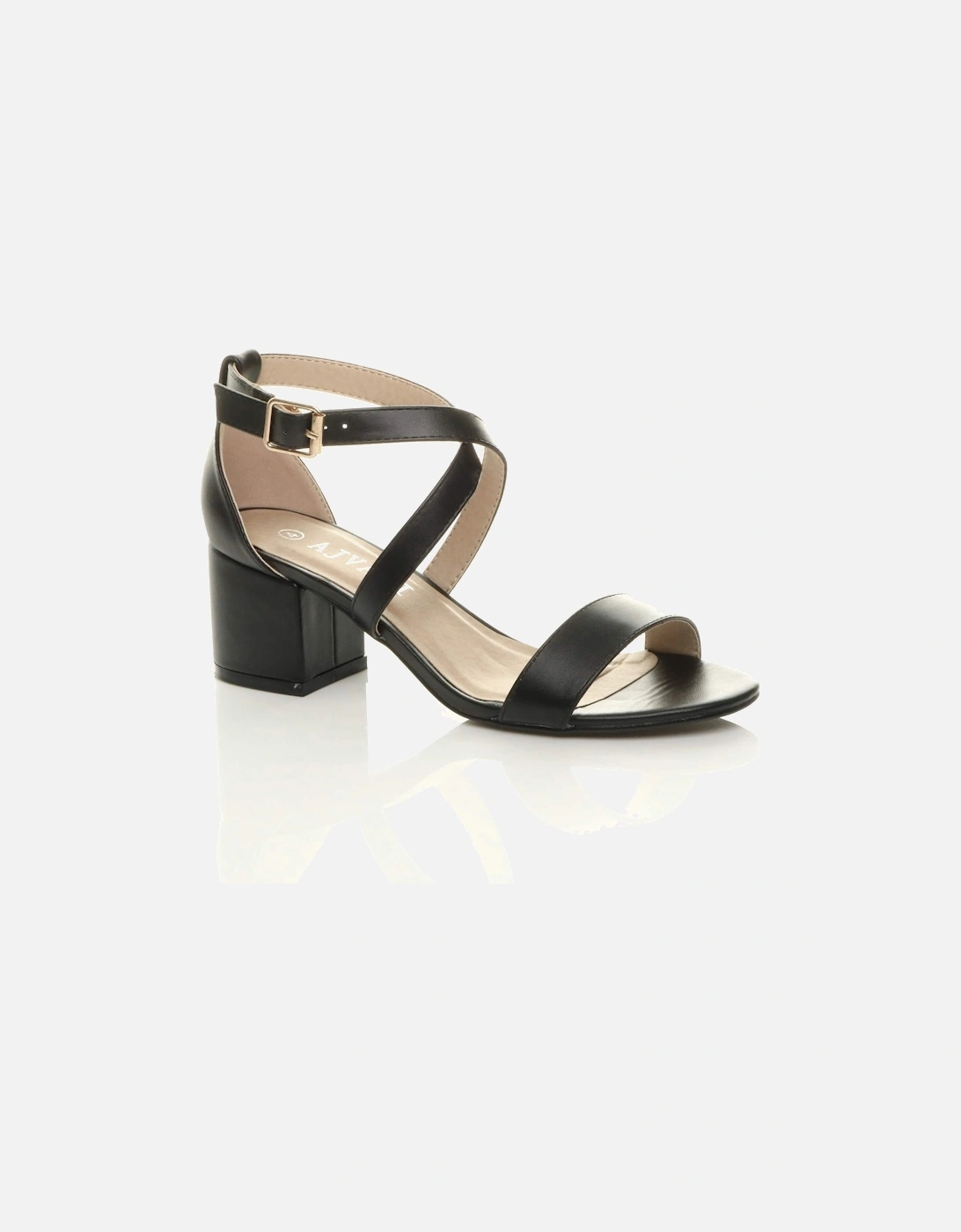 Mid Block Heel Crossed Straps Faux Leather Heeled Sandals, 2 of 1