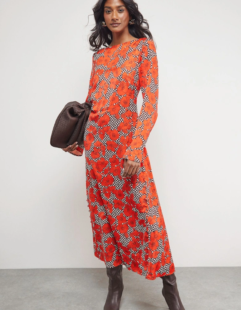 Floral Crinkle Satin Bias Button Side Midi Dress