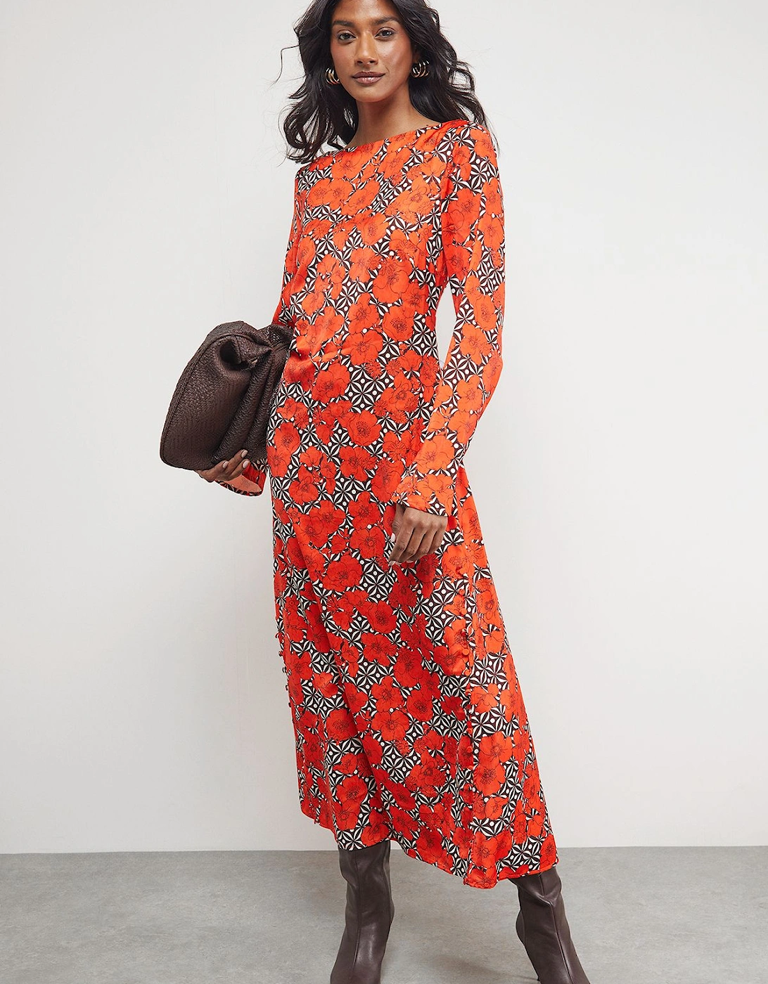 Floral Crinkle Satin Bias Button Side Midi Dress, 2 of 1