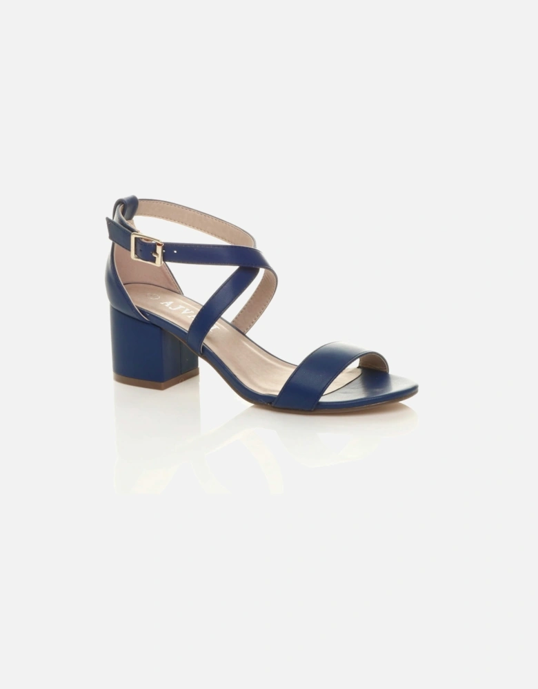 Mid Block Heel Crossed Straps Faux Leather Heeled Sandals