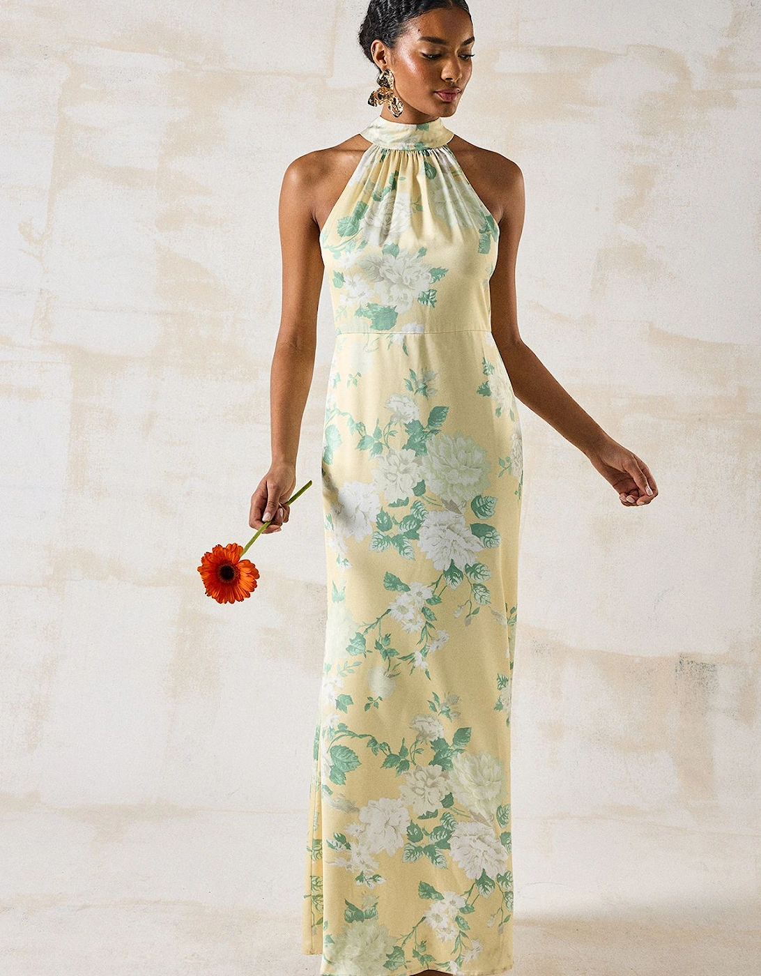 Dahlia Printed Satin Halterneck Bridesmaid Dress, 2 of 1