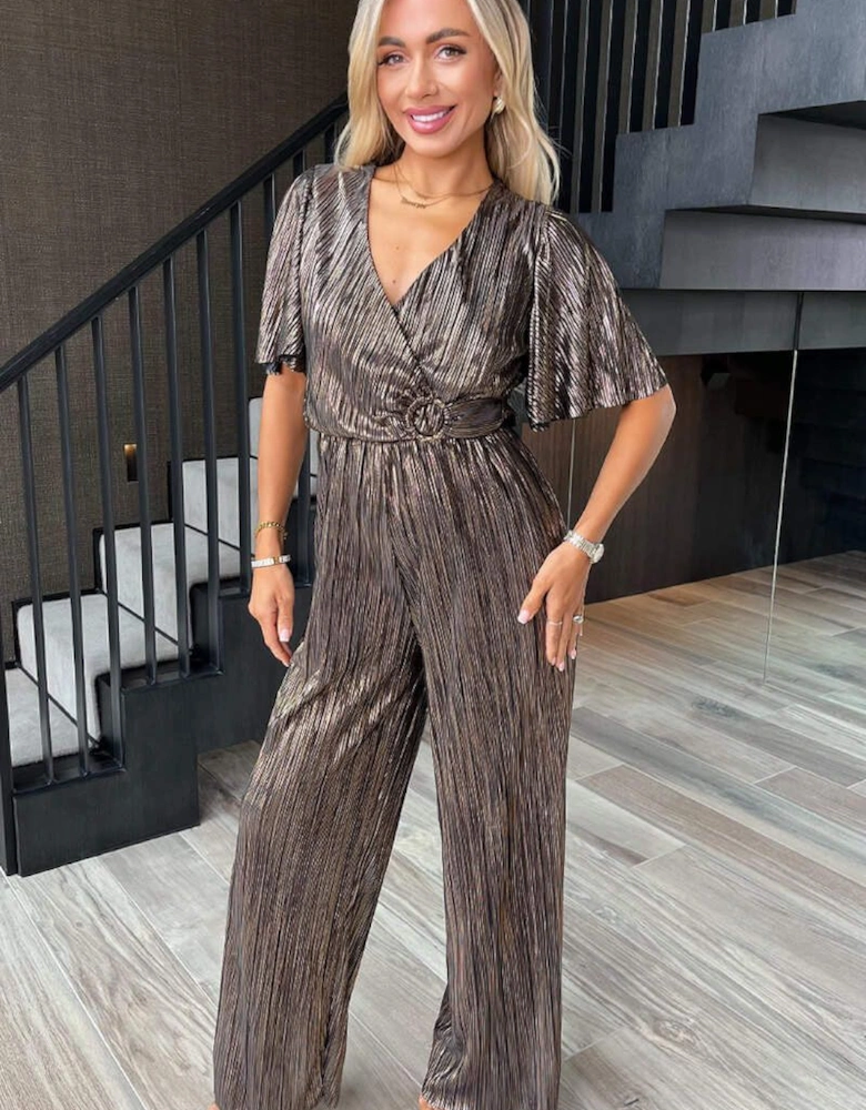 Bronze Plisse Buckle Detail Wrap Jumpsuit