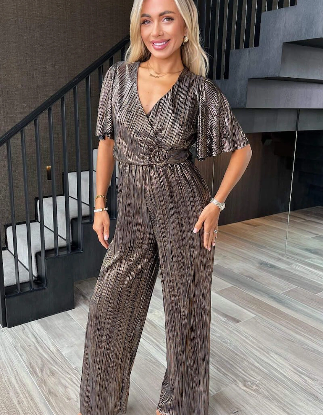 Bronze Plisse Buckle Detail Wrap Jumpsuit, 2 of 1