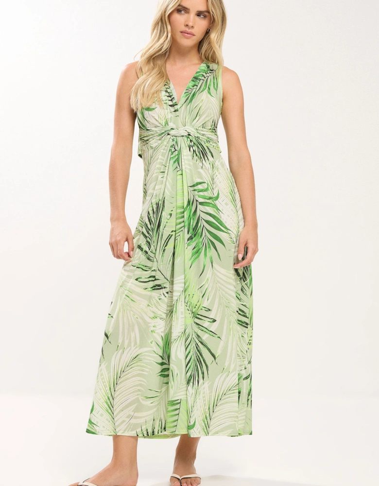 Petite Palm Print Knot Front Maxi Dress