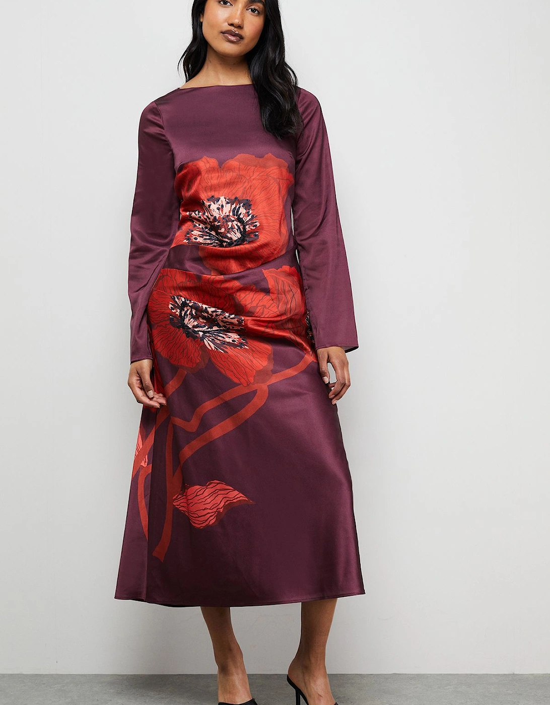 Floral Placement Print Satin Midi Dress, 2 of 1