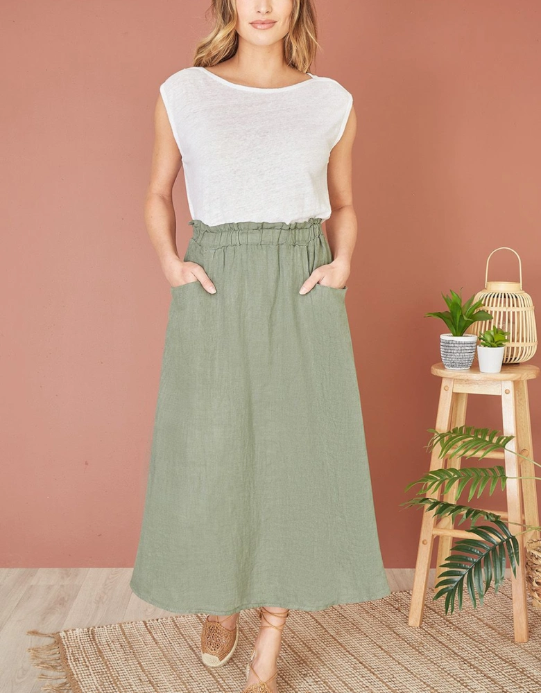 Khaki Italian Linen Midi Skirt With Pockets
