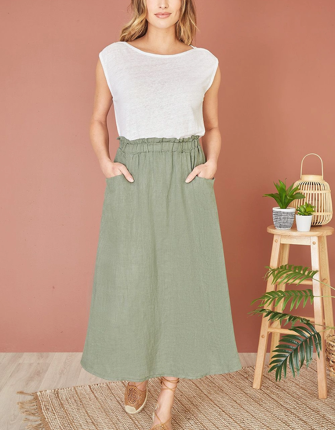 Khaki Italian Linen Midi Skirt With Pockets, 2 of 1