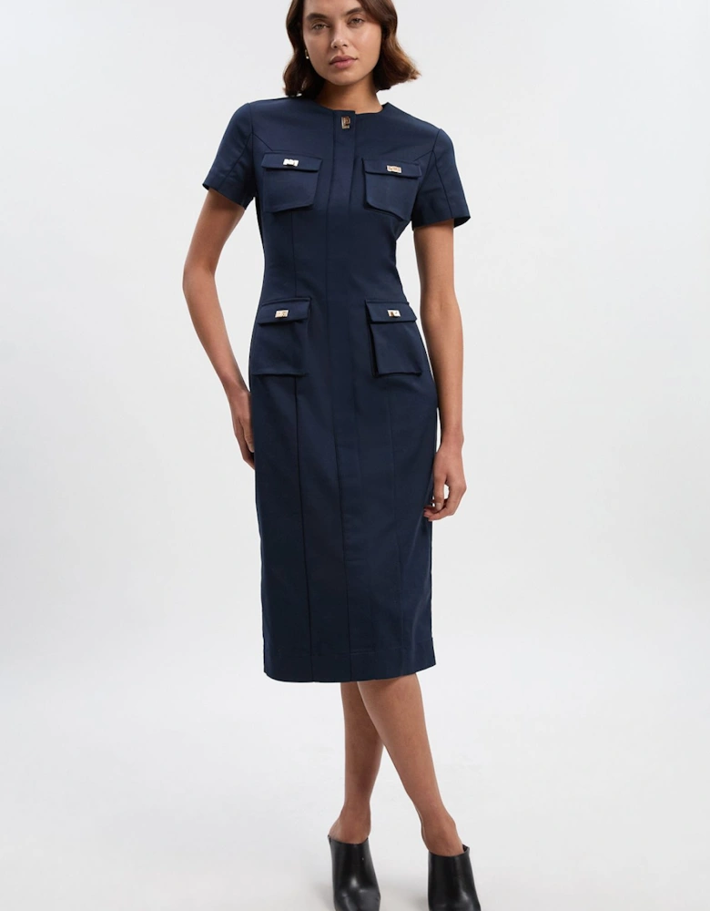 Petite Techno Short Sleeve Hardware Detail Woven Midi Dress