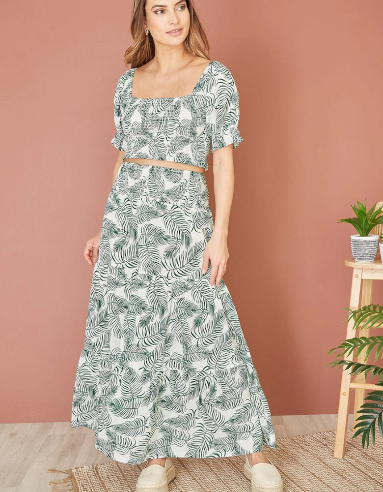 Green Organic Cotton Voile Palm Leaf Ruched Waist Midi Skirt