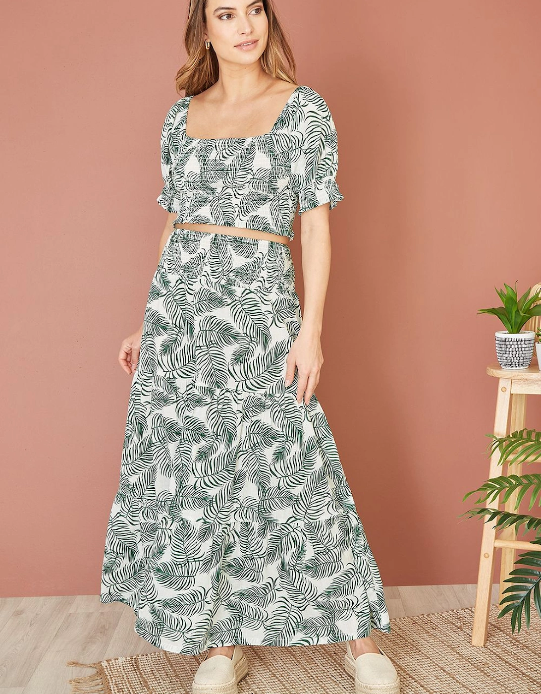Green Organic Cotton Voile Palm Leaf Ruched Waist Midi Skirt, 2 of 1