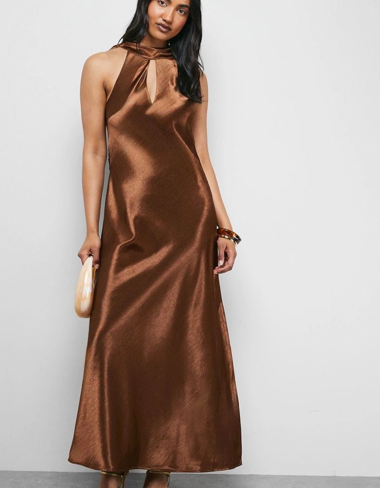 Satin Tie Neck Cowl Front Maxi Dress
